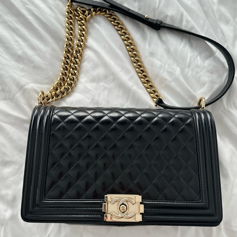Chanel black shiny medium boy bag